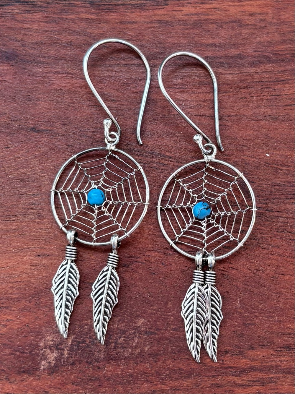 Turquoise Bead Sterling Silver Dreamcatcher Dangle Earrings